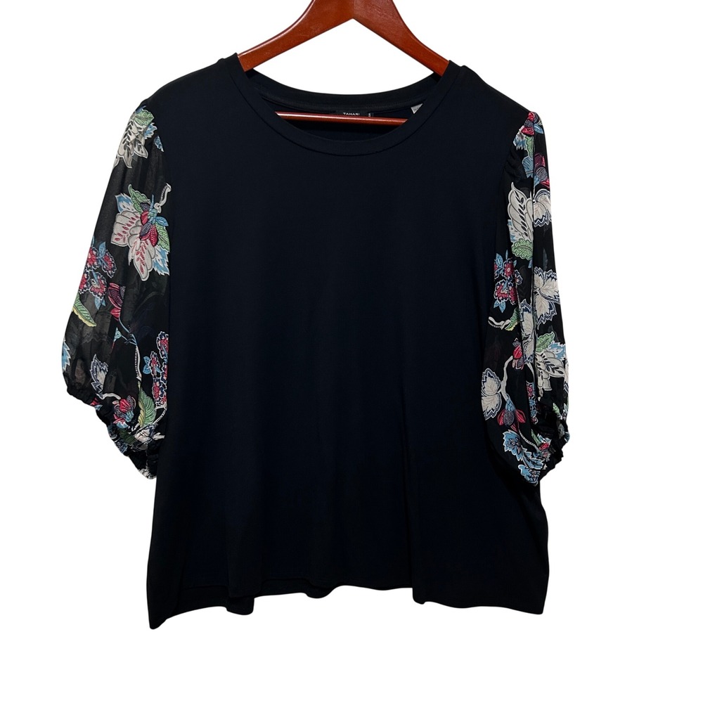 Tahari Women Cottage Boho Romantic Top 2X Black Floral Sheer Balloon Sleeve